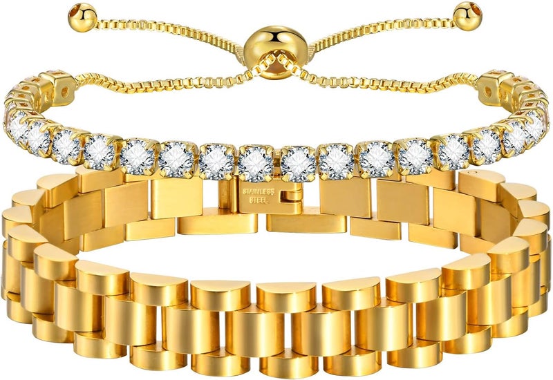 MPRAINBOW 2pcs 18K Gold Plated Chain Link Bracelet, Stainless Steel Crystal Friendship Bracelets Bangle,Watch Band Chains Wristband Jewelry with Adjust Tool - Image 1